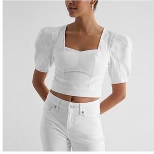 Express White Denim Puff Sleeve Square Neck Crop Top Side Zip Size 4 NWT $78